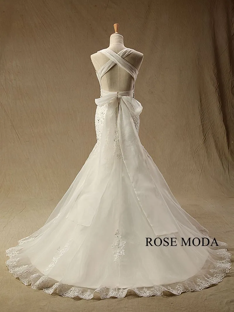 Rosemoda Cross Strap Beaded Lace Mermaid Wedding Dress