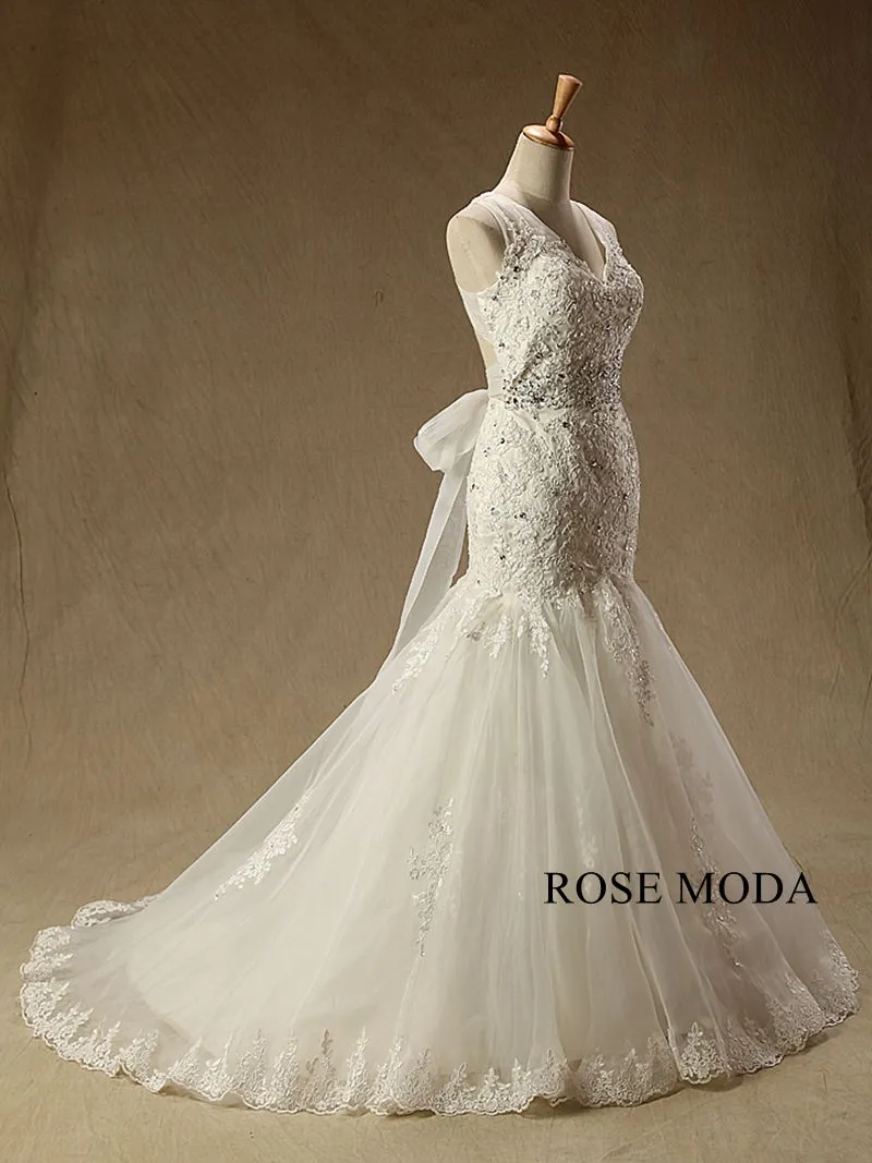 Rosemoda Cross Strap Beaded Lace Mermaid Wedding Dress