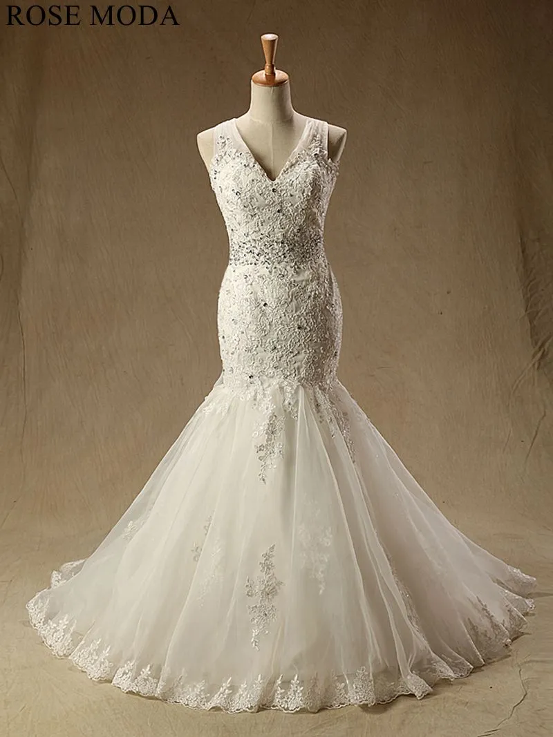 Rosemoda Cross Strap Beaded Lace Mermaid Wedding Dress