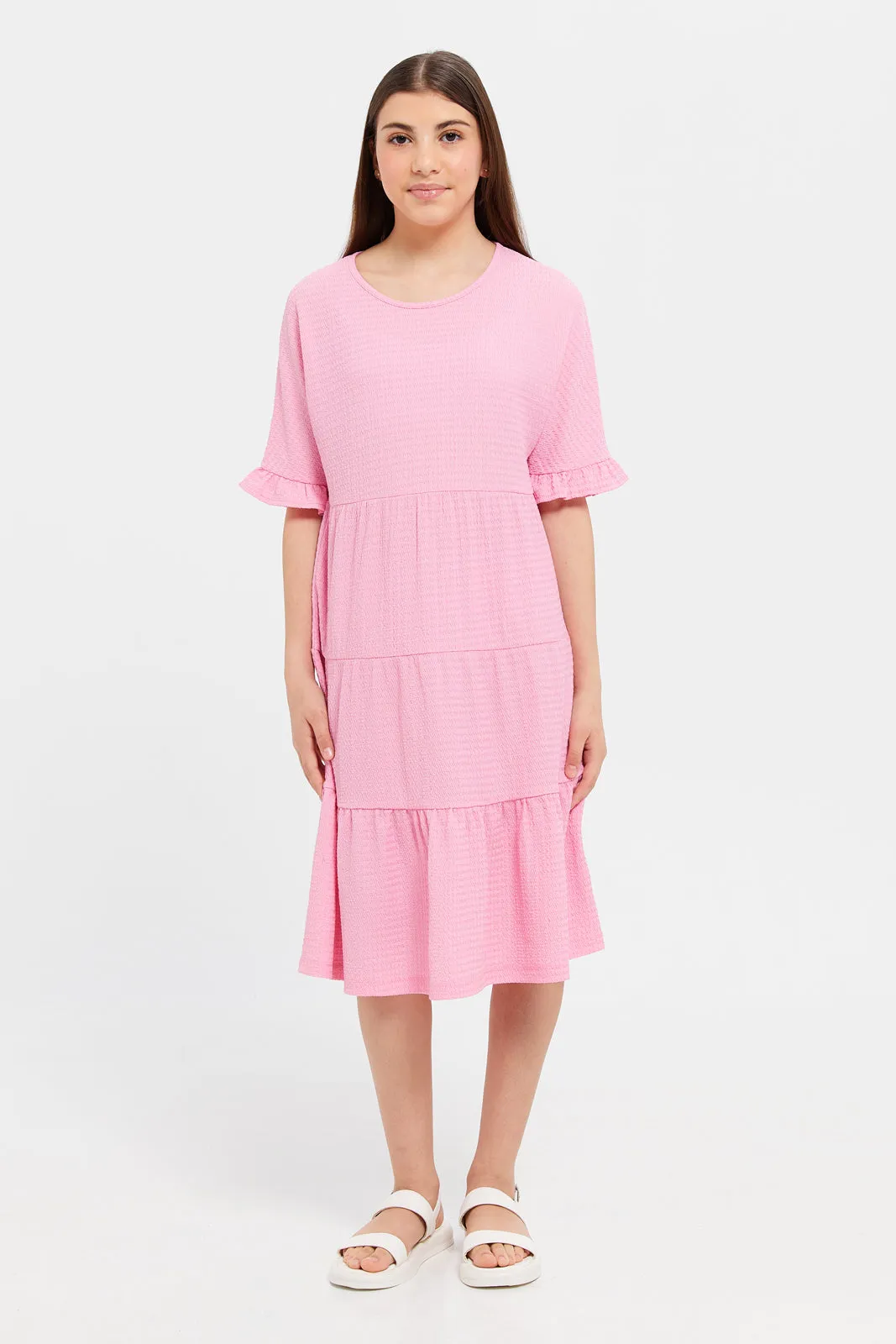 Senior Girls Pink Tiered Jacquard Dress