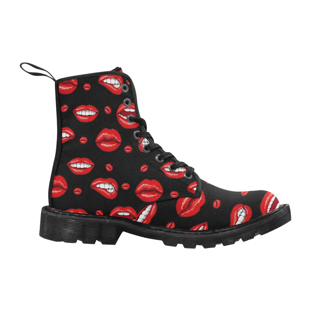 Sexy Red Lips Women's Boots, Pop Art Print Vegan Canvas Lace Up Shoes, Black Party Festival Rave Print Army Combat Winter Casual Custom Gift