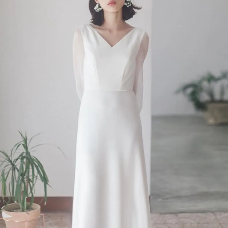 Simple Beach Boho Wedding Dresses,Outdoor Wedding Dress with Long Sleeves