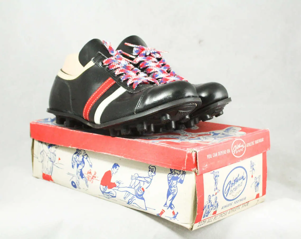 Size 7 Men's Athletic Shoes - 1960s Black Mens Cleats - Retro Sports 60s Deadstock Sneakers - Red & White Racing Stripe - NIB Original Box