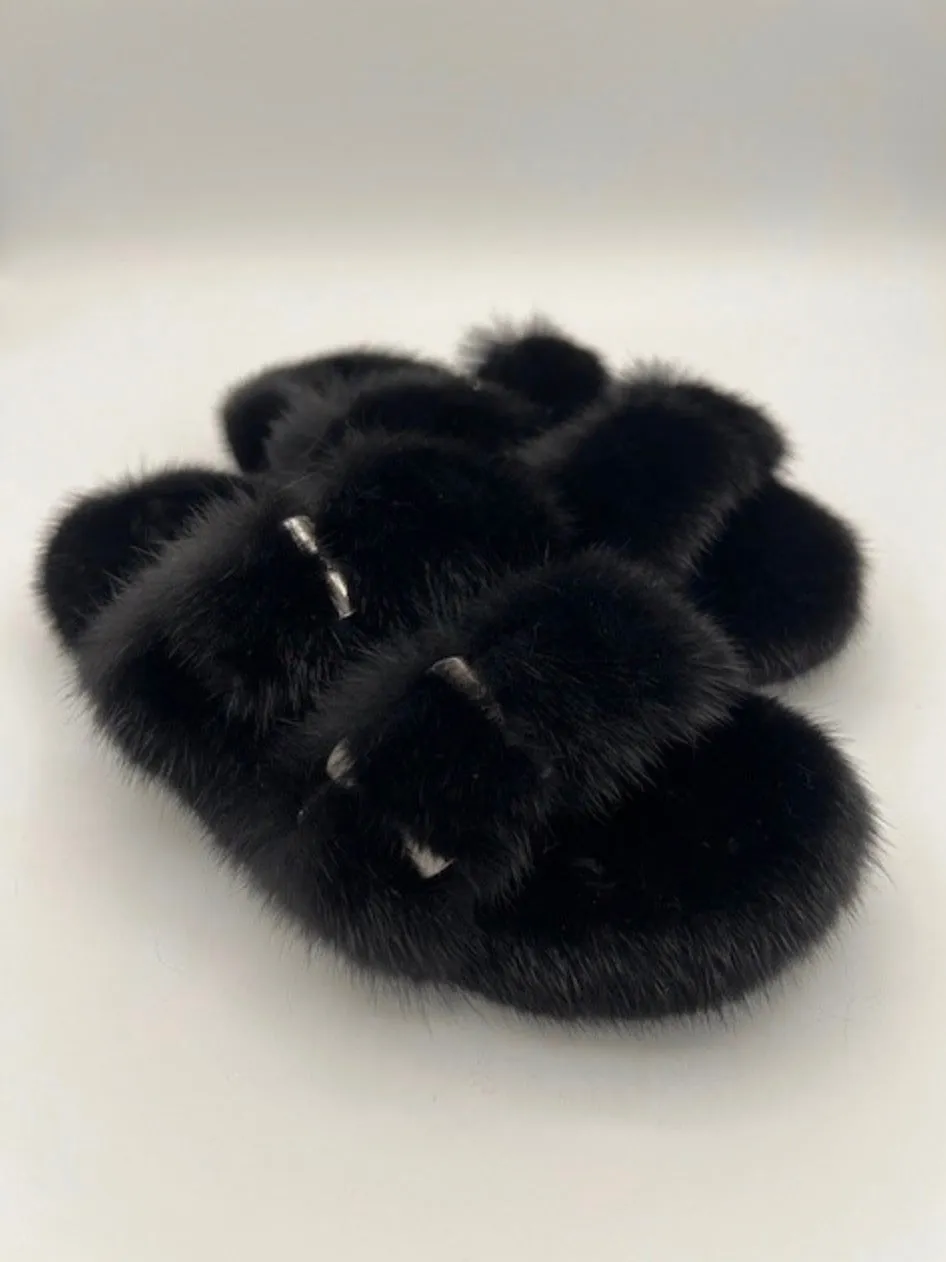 Slides, Open Toe Luxury Mink Shoes - Linda Richards - Style MKS01