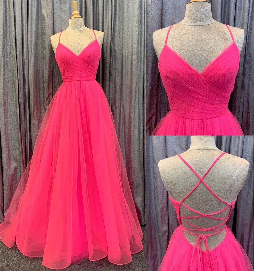 Spaghetti Straps V Neck Tulle Prom Gown, Elegant Long Formal Dress UQP0108