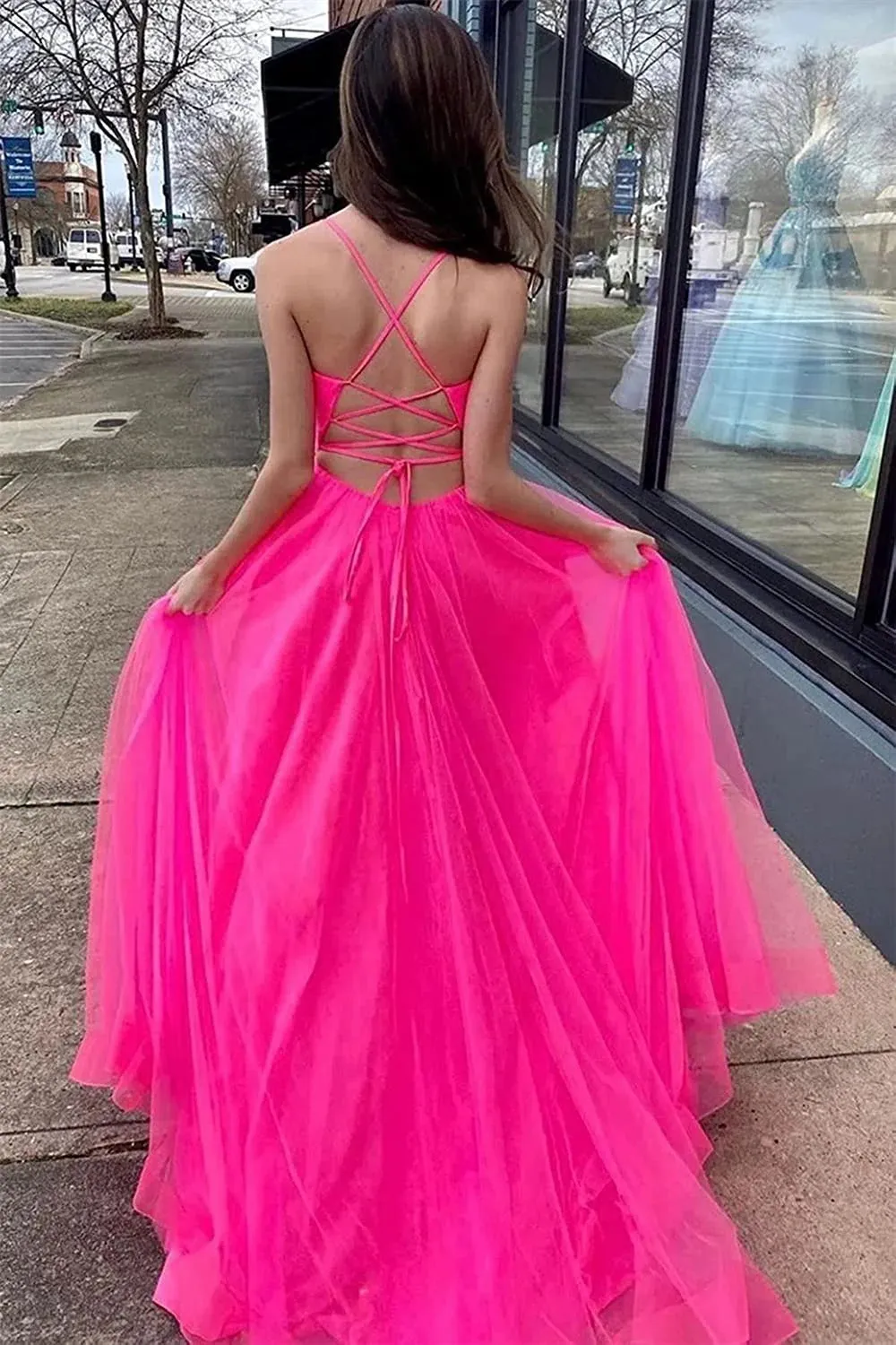 Spaghetti Straps V Neck Tulle Prom Gown, Elegant Long Formal Dress UQP0108