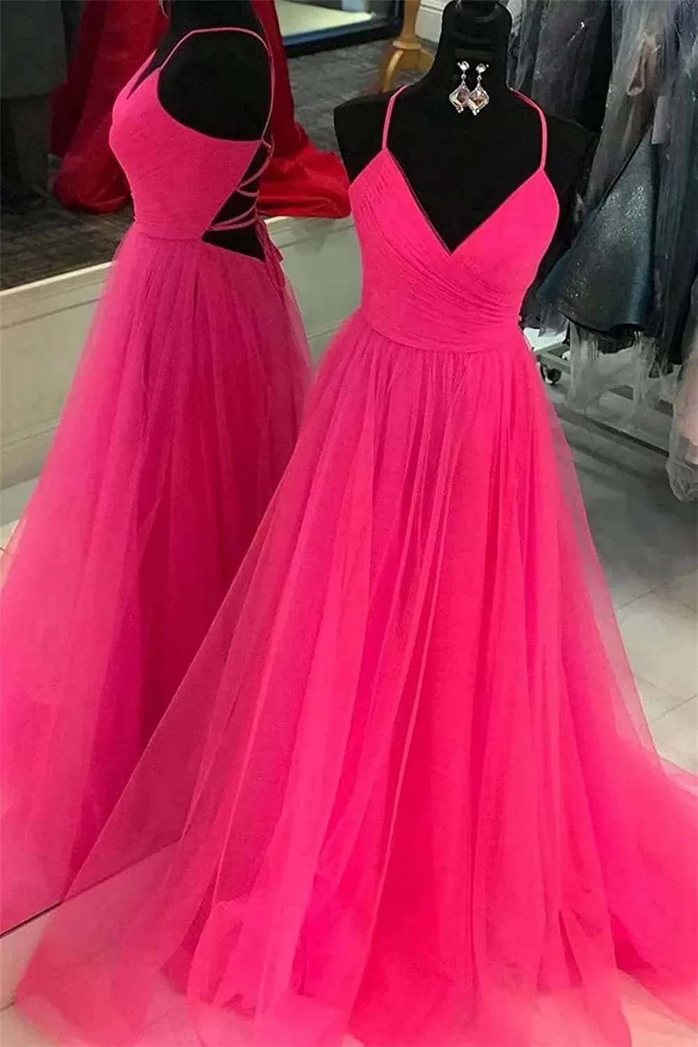 Spaghetti Straps V Neck Tulle Prom Gown, Elegant Long Formal Dress UQP0108