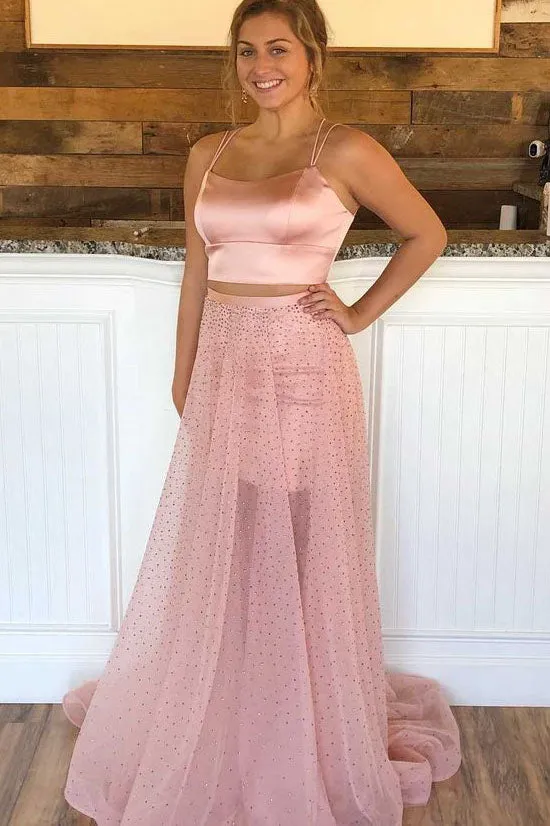 Sparkly Spaghetti Straps Two Piece Pink Prom Dress Long Formal Gown UQP0109