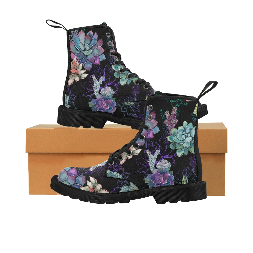 Succulents Women's Boots, Cactus Vegan Canvas Lace Up Shoes, Plants Cactus Print Black Purple Ankle Combat, Casual Custom Gift