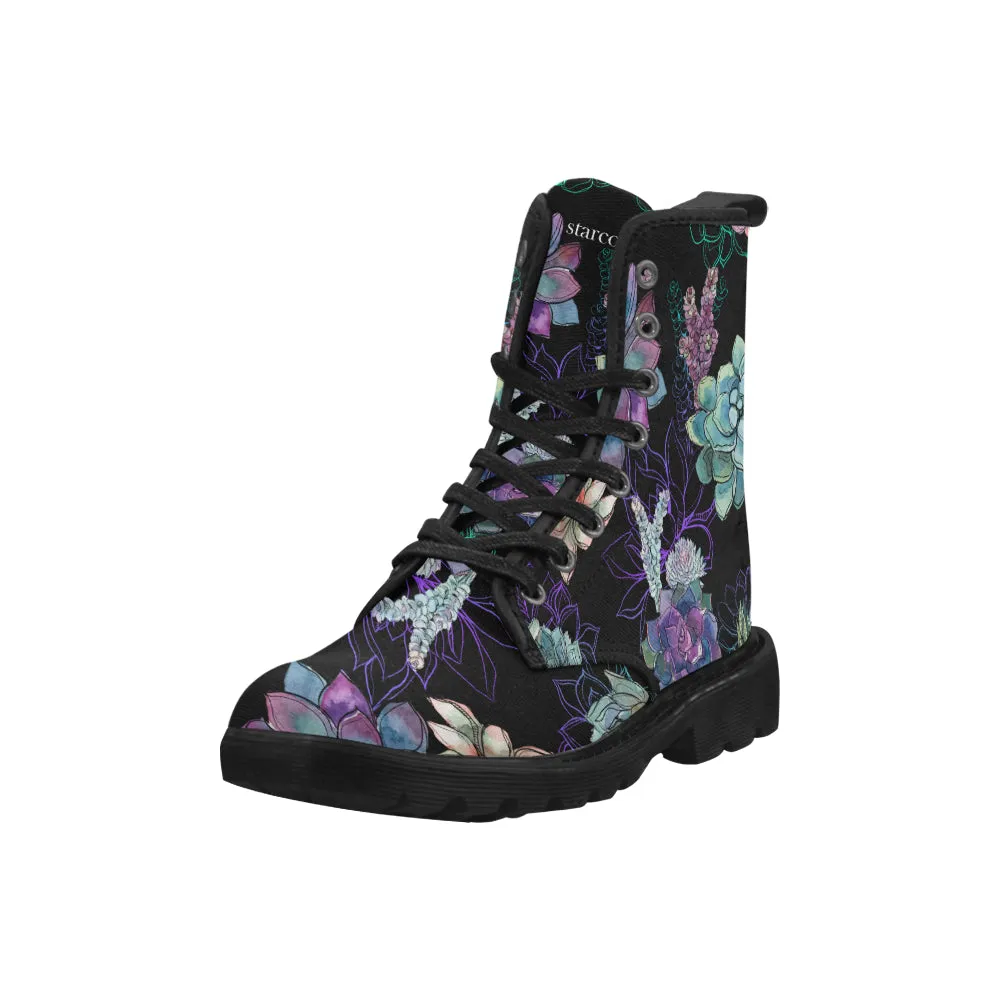 Succulents Women's Boots, Cactus Vegan Canvas Lace Up Shoes, Plants Cactus Print Black Purple Ankle Combat, Casual Custom Gift