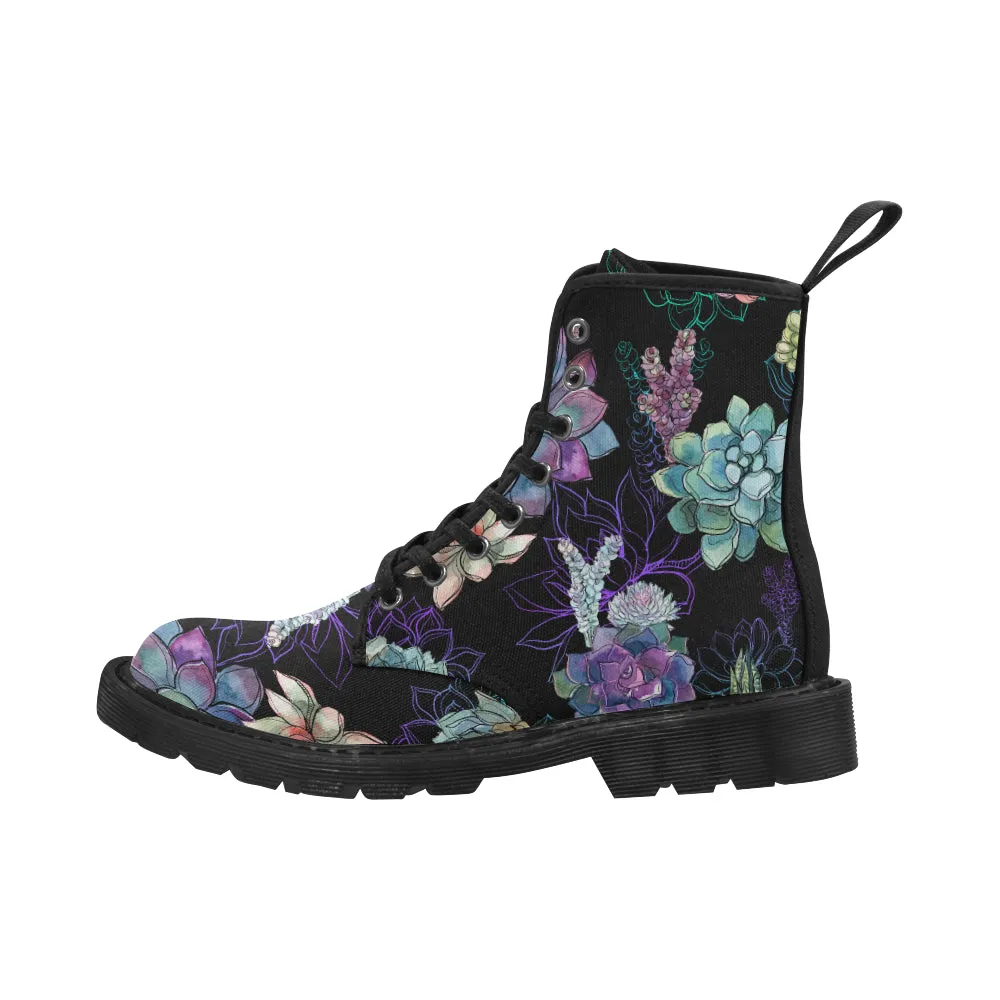 Succulents Women's Boots, Cactus Vegan Canvas Lace Up Shoes, Plants Cactus Print Black Purple Ankle Combat, Casual Custom Gift