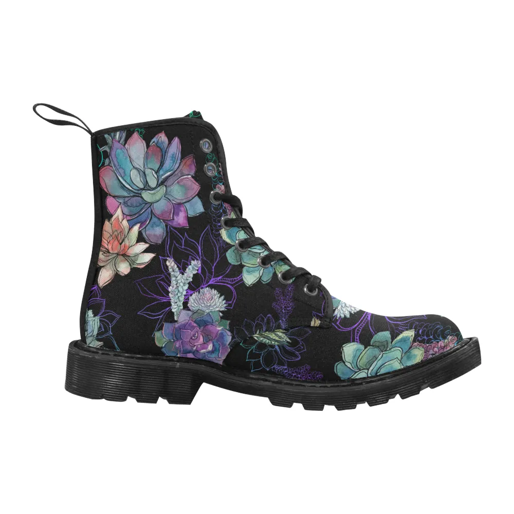 Succulents Women's Boots, Cactus Vegan Canvas Lace Up Shoes, Plants Cactus Print Black Purple Ankle Combat, Casual Custom Gift