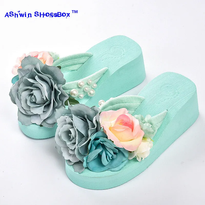 summer women flip flops mules clogs wedge flower sandals garden shoes handmade pearl slippers jelly color hawaiian beach sandals