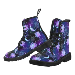 Sun Moon boots Women's Vegan Canvas Lace Up Shoes, Stars Oriental Galaxy Constellation Festival Print Black Ankle Combat Casual Custom Gift