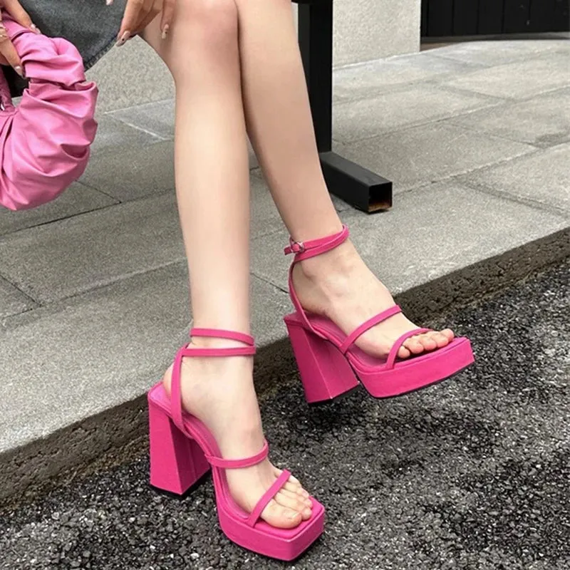 TAVIMART  -  Summer Platform Women Sandals Fashion Elegant Narrow Band Thick High Heel Shoes Ladies Outdoor Party Dress Sandalias