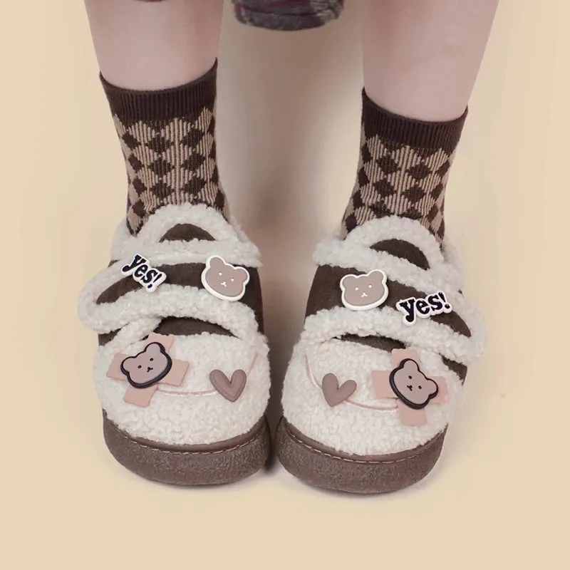 Ultra Soft Bear Charms Velcro Strap Plush Shoes - Women's