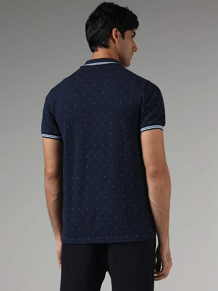 WES Casuals Navy Printed Slim-Fit Polo T-Shirt