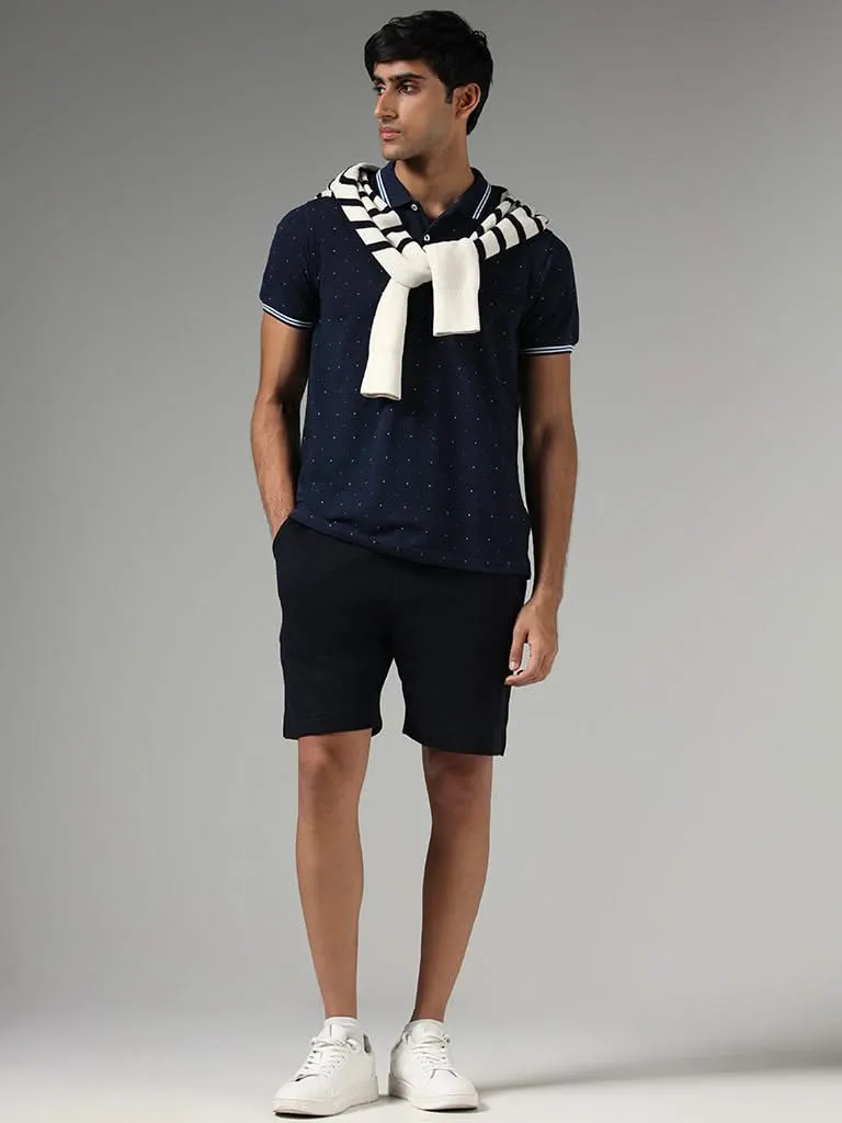 WES Casuals Navy Printed Slim-Fit Polo T-Shirt