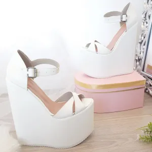 White Cross Sandals Wedge Platform Shoes