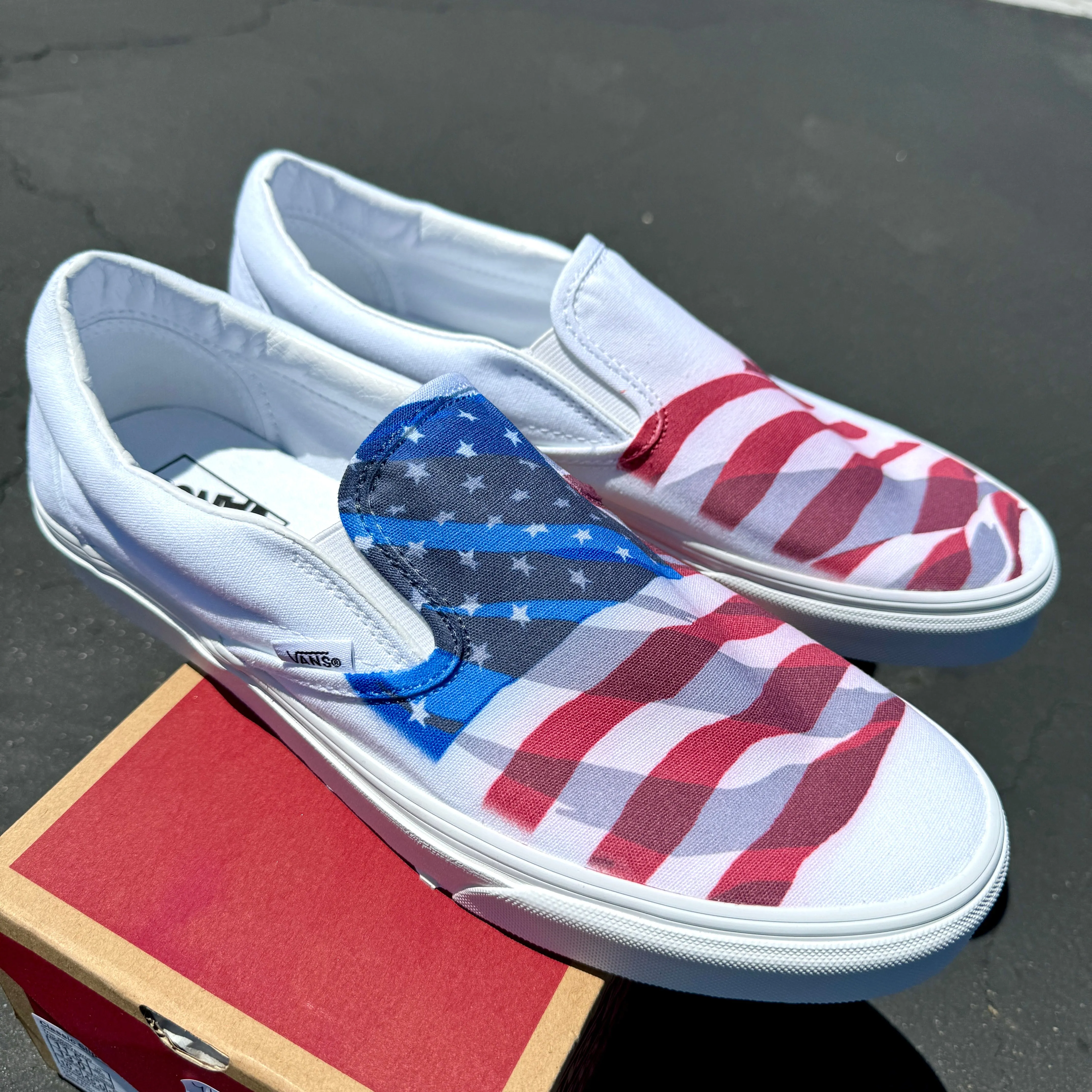 White Slip On Vans Shoes for Men and Women Featuring American Flag Made in USA - Custom Vans Shoes