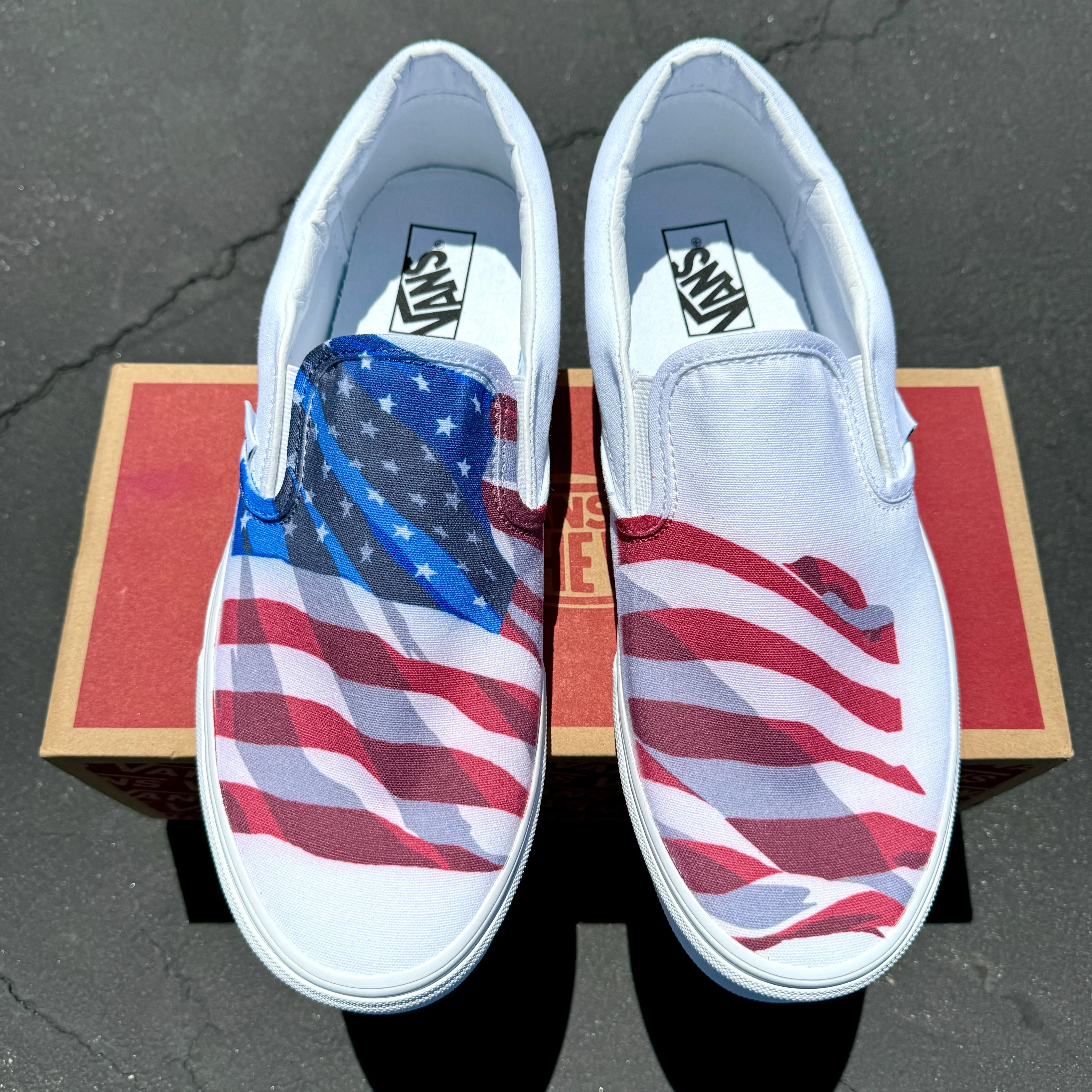 White Slip On Vans Shoes for Men and Women Featuring American Flag Made in USA - Custom Vans Shoes