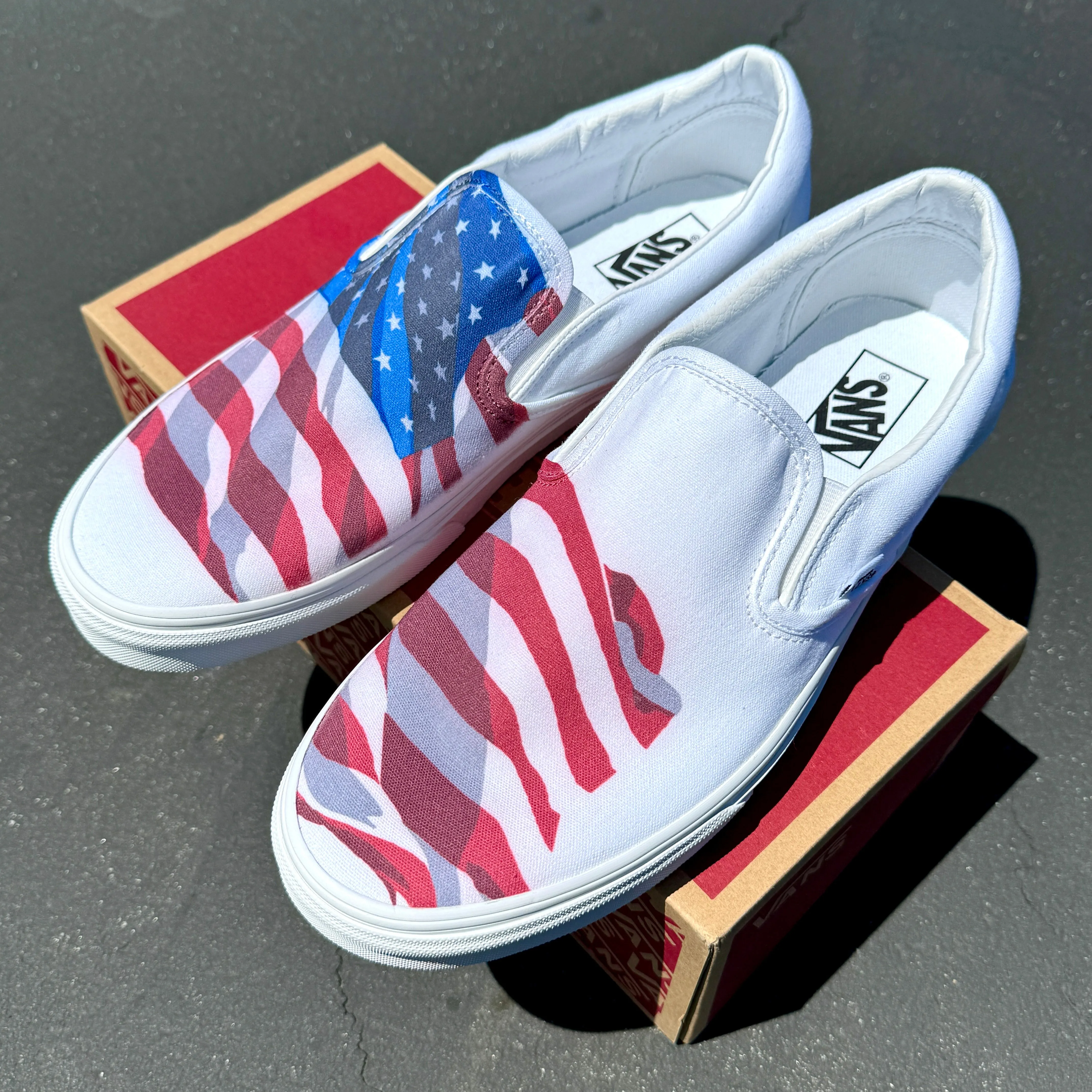 White Slip On Vans Shoes for Men and Women Featuring American Flag Made in USA - Custom Vans Shoes