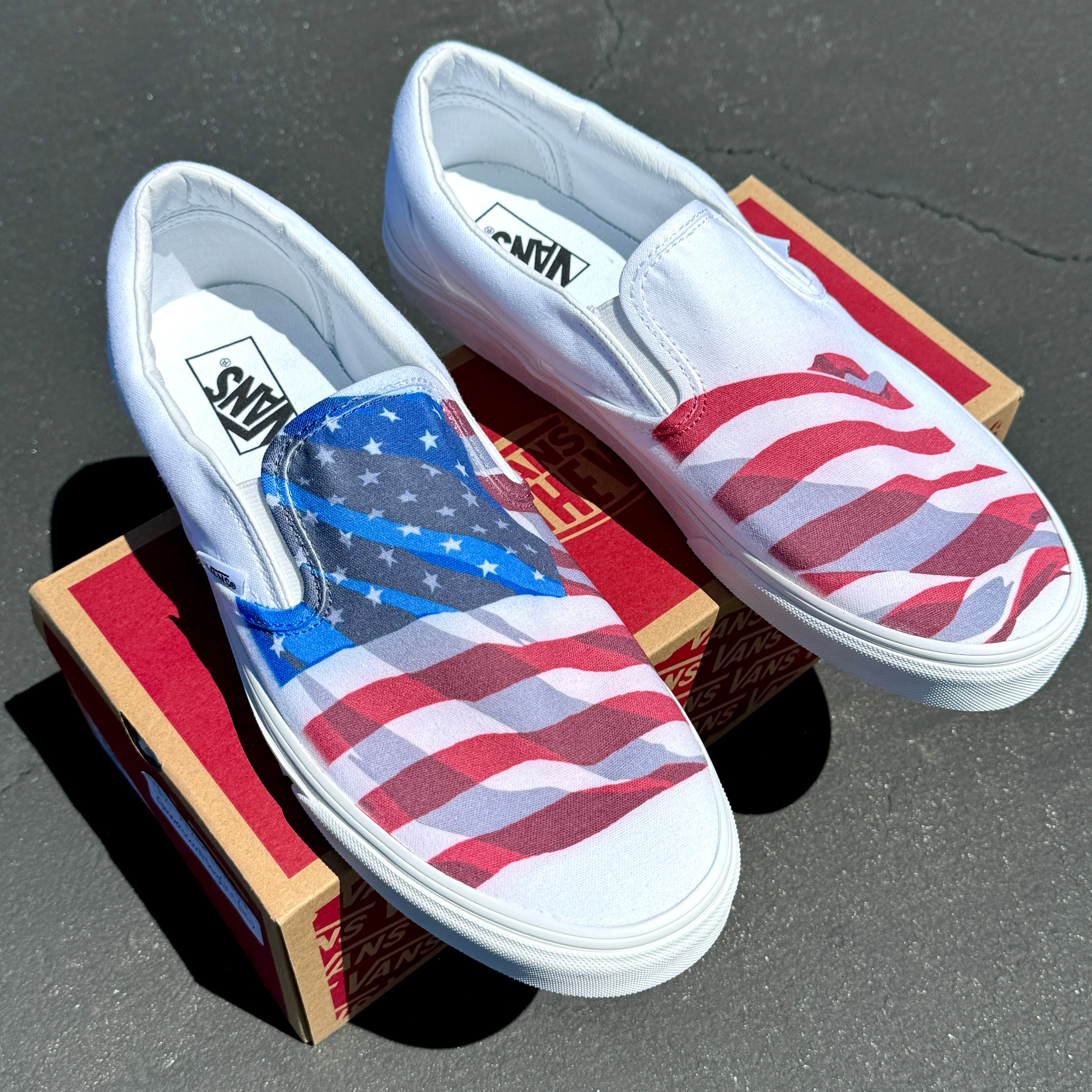 White Slip On Vans Shoes for Men and Women Featuring American Flag Made in USA - Custom Vans Shoes