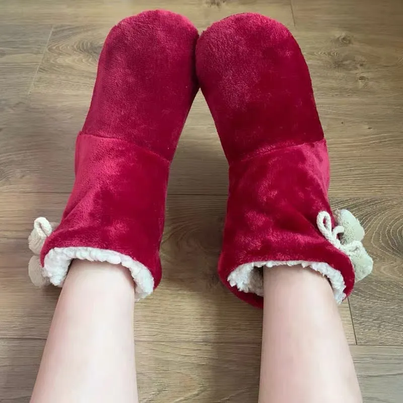 Winter Slipper Boots Womens Fluffy Plush Bootie Slippers with Pom Poms