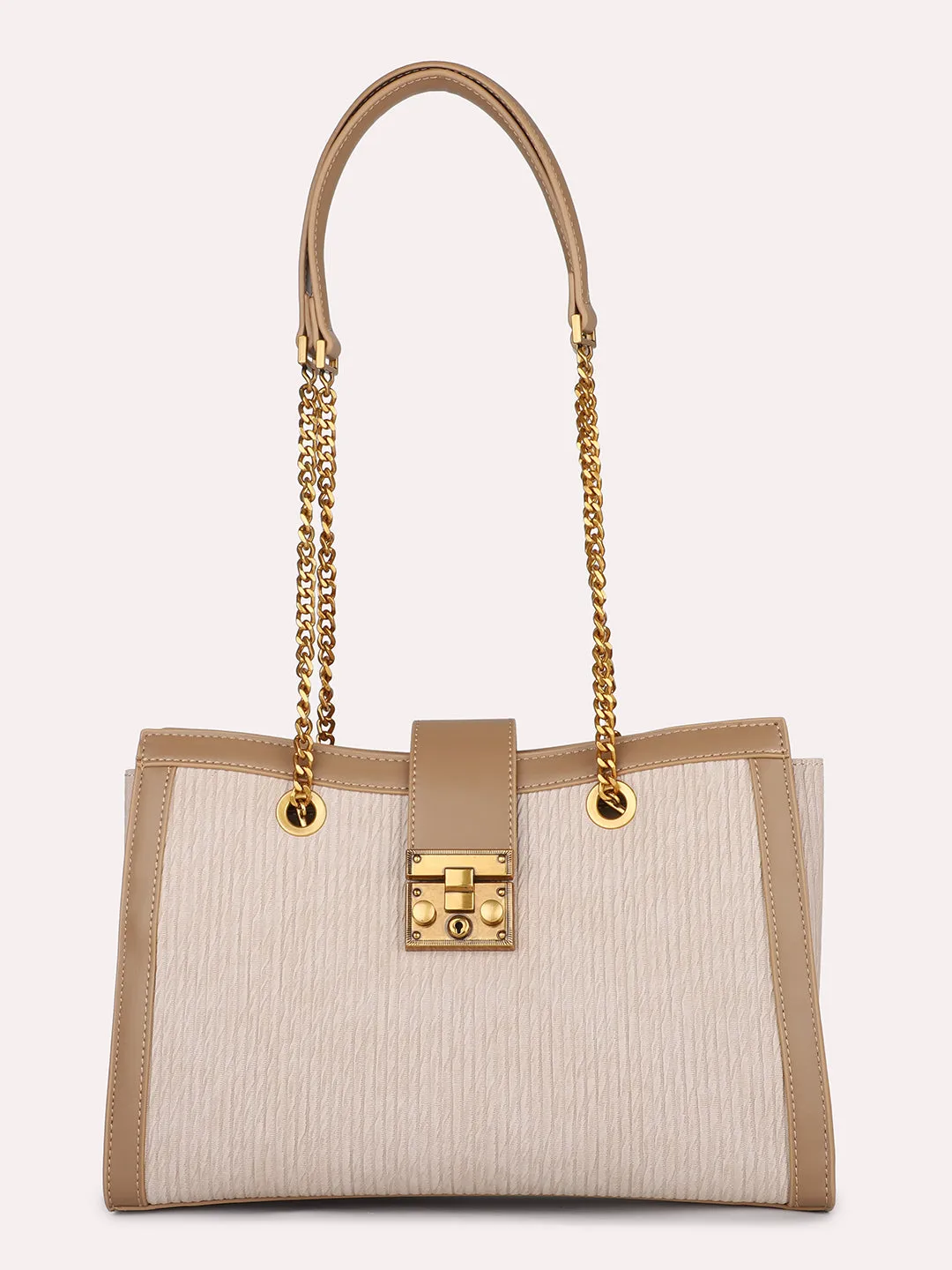 Women Beige Textured Canvas Structured Shoulder Bag With Lock detail