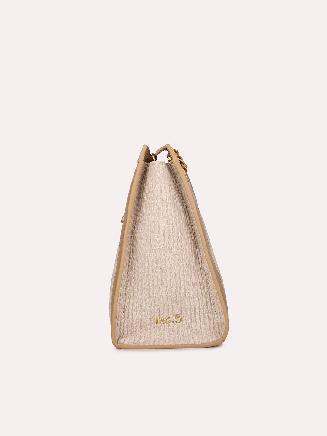 Women Beige Textured Canvas Structured Shoulder Bag With Lock detail