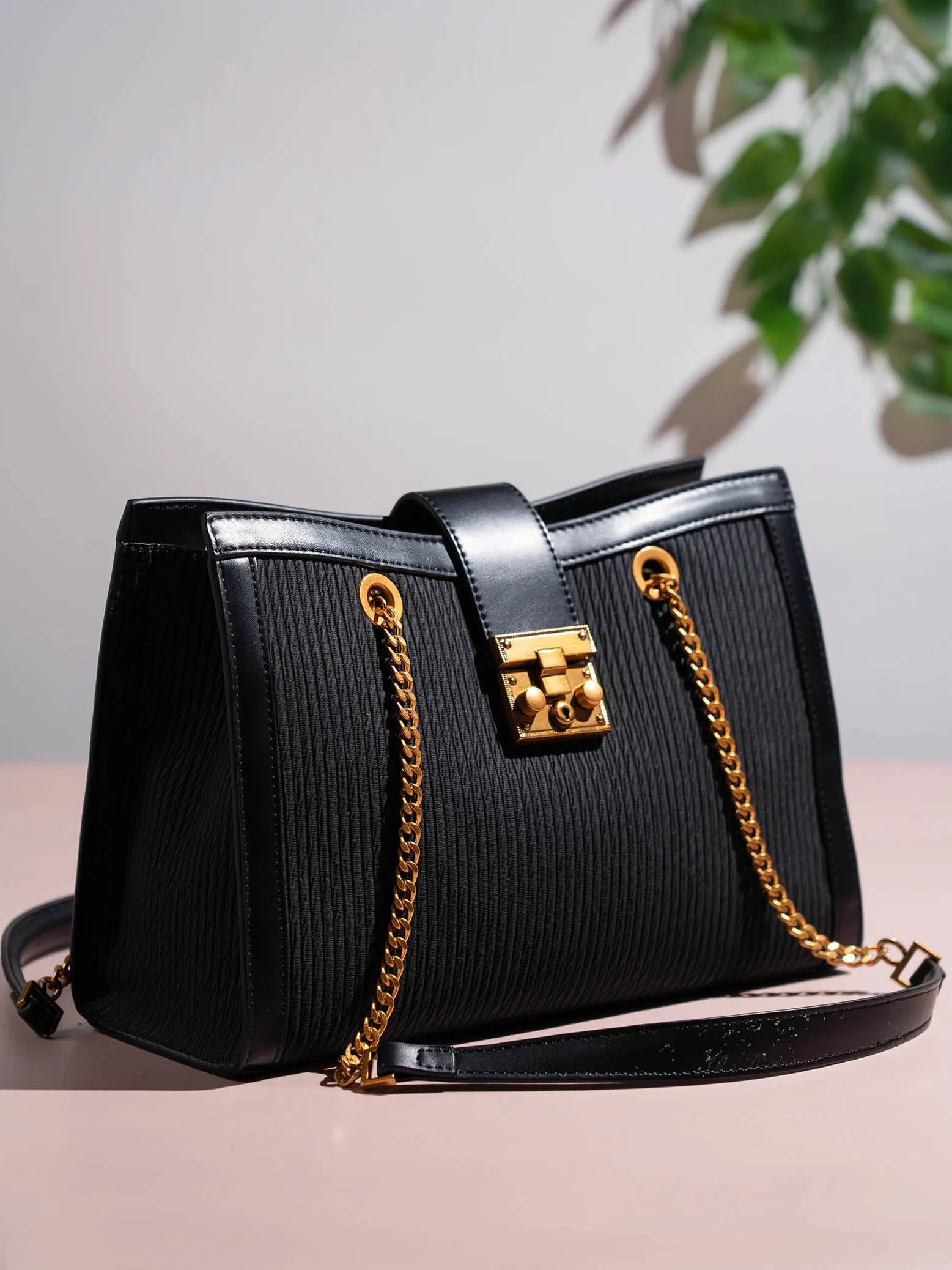 Women Black Textured Canvas Structured Shoulder Bag With Lock detail