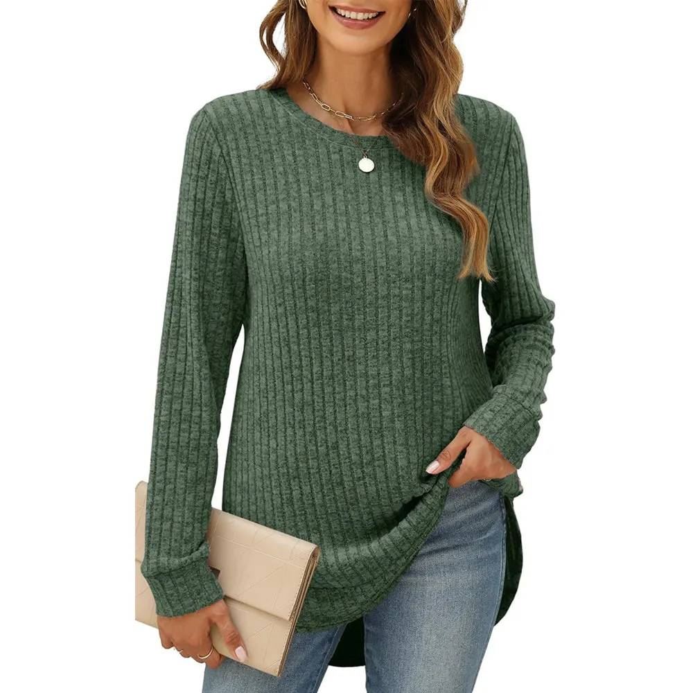 Women Long Sleeve Lightweight Ribbed Tunic Sweater S-2X