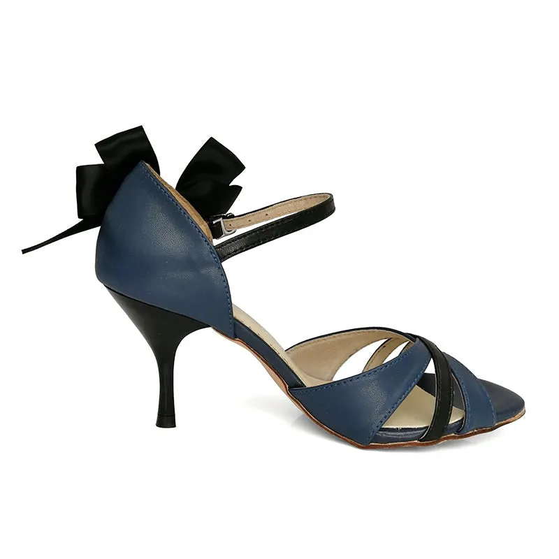 Women's Argentine Tango Shoes High Heel Dance Sandals Leather Sole Blue and Black