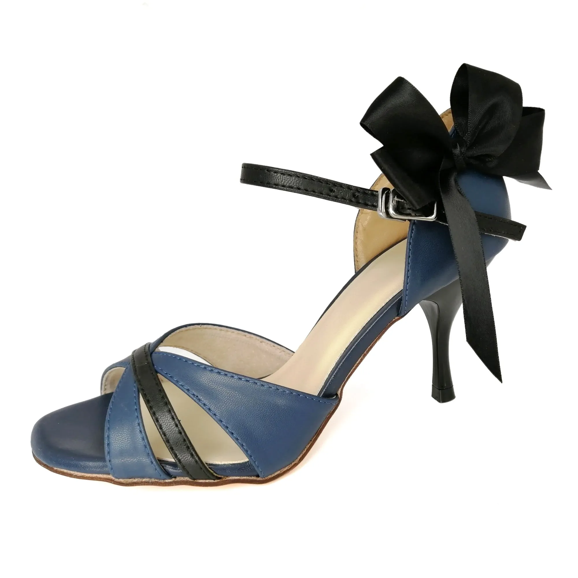 Women's Argentine Tango Shoes High Heel Dance Sandals Leather Sole Blue and Black