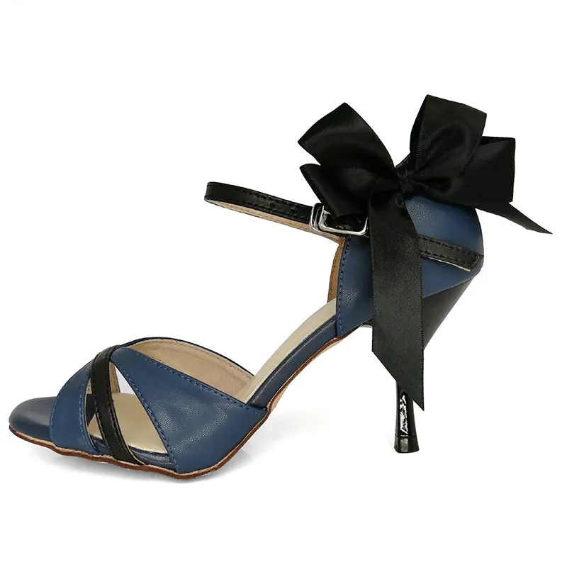 Women's Argentine Tango Shoes High Heel Dance Sandals Leather Sole Blue and Black