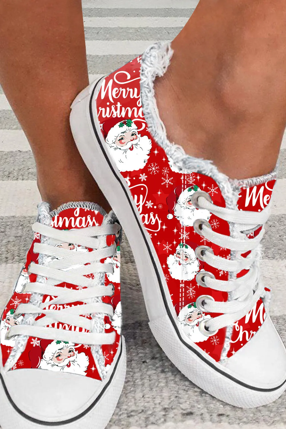 Women's Christmas Santa Claus  Print Lace Up Canvas Shoes