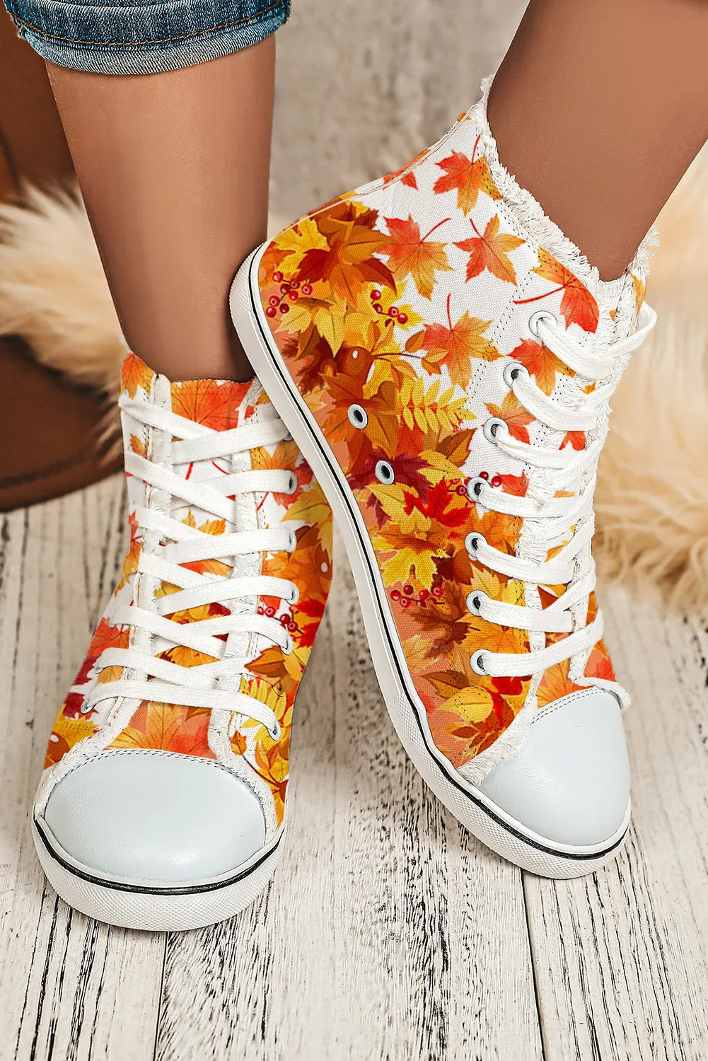 Women's Maple Leaves Print High Top Flat Canvas Shoes