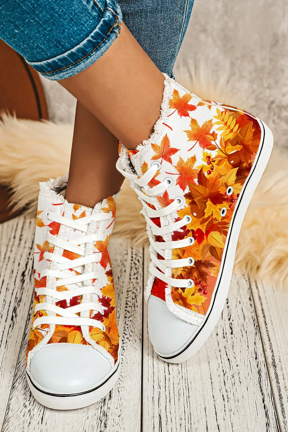 Women's Maple Leaves Print High Top Flat Canvas Shoes