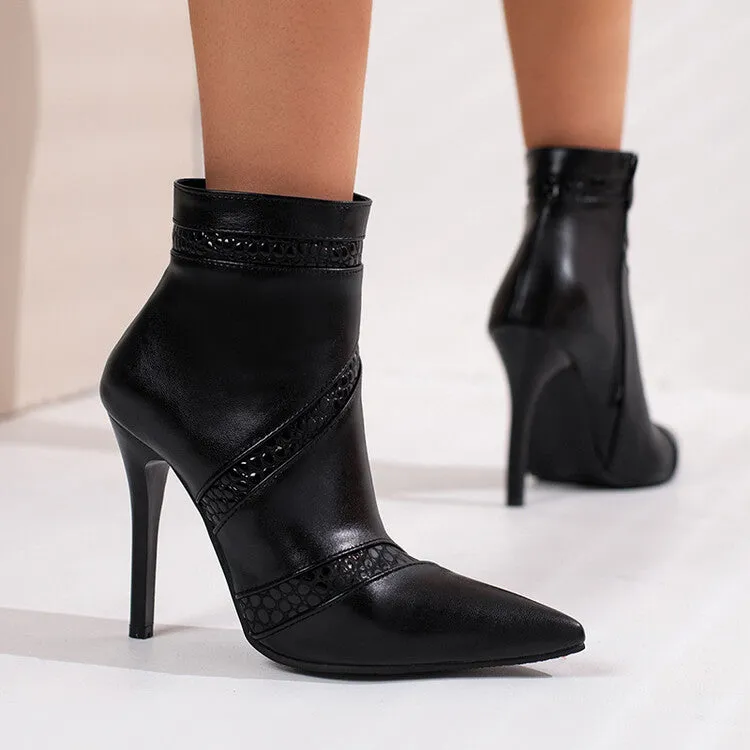 Women's Pointed Toe Patchwork Side Zippers Stiletto Heel Short Boots