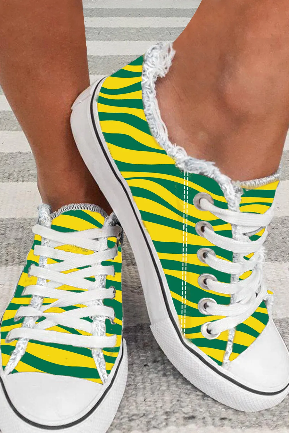 Women's Yellow Base with Green Stripes Lace Up Canvas Shoes