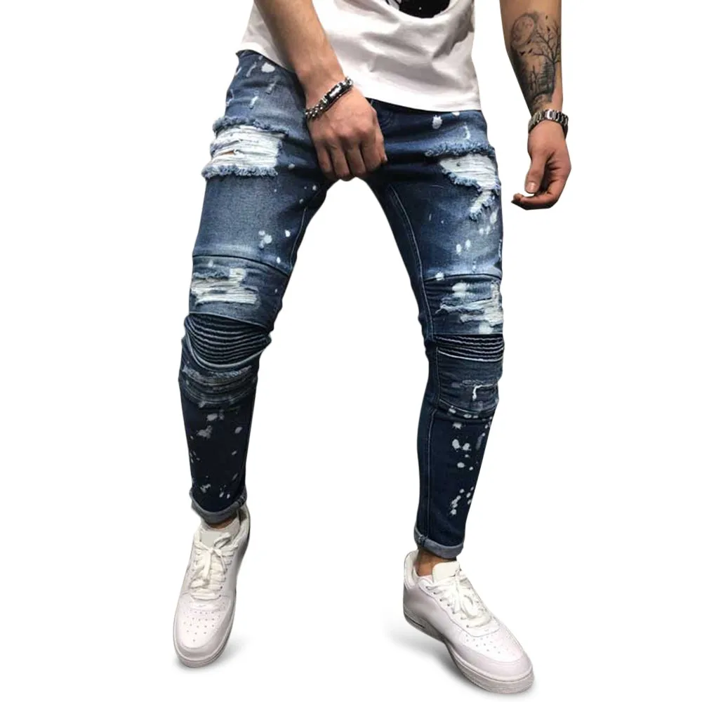 Worn-out Hole Mid Waist Slim Leg Zipper Fashion Men's Jeans